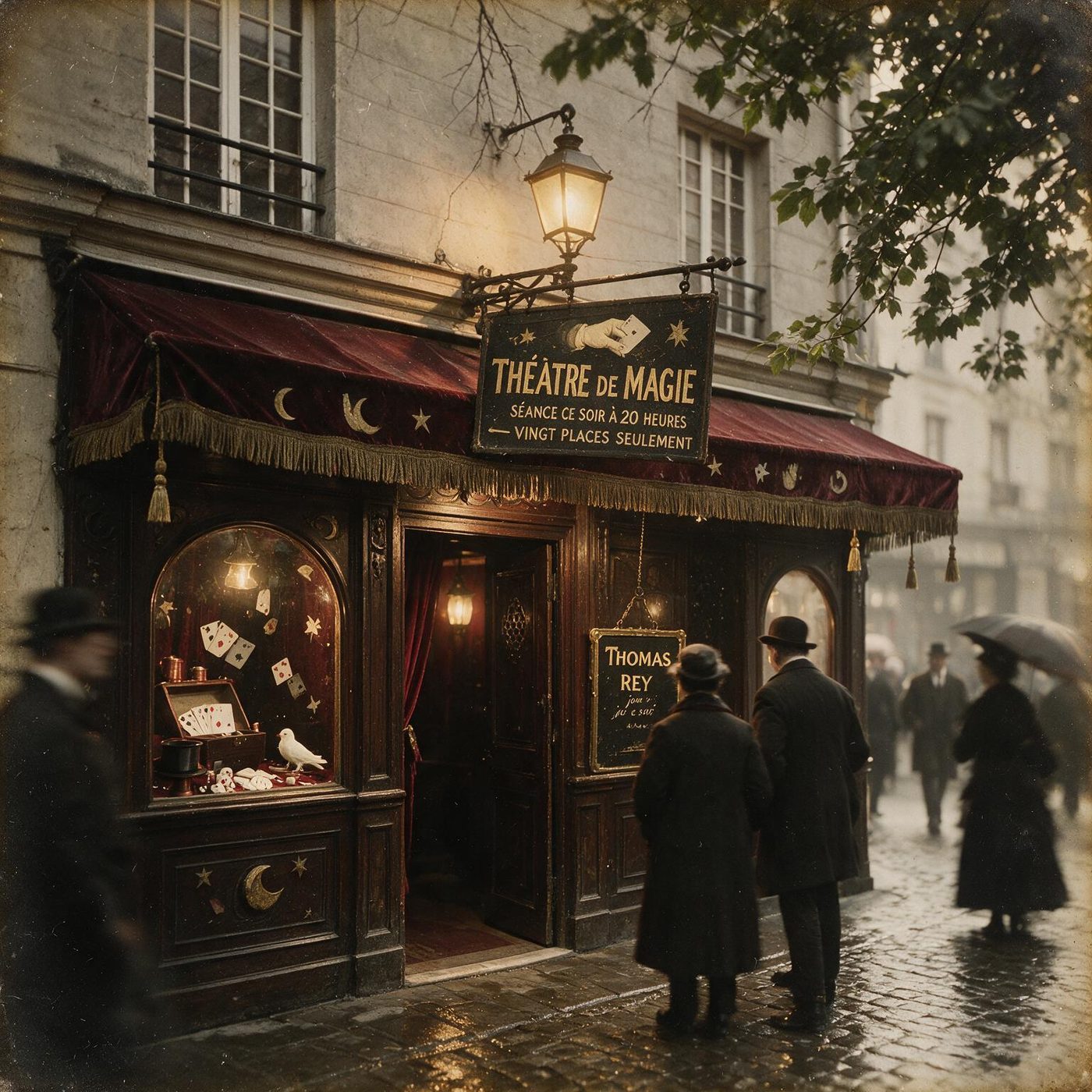La devanture d'un théâtre de magie parisien, à l'affiche : Thomas Rey, vingt places seulement.