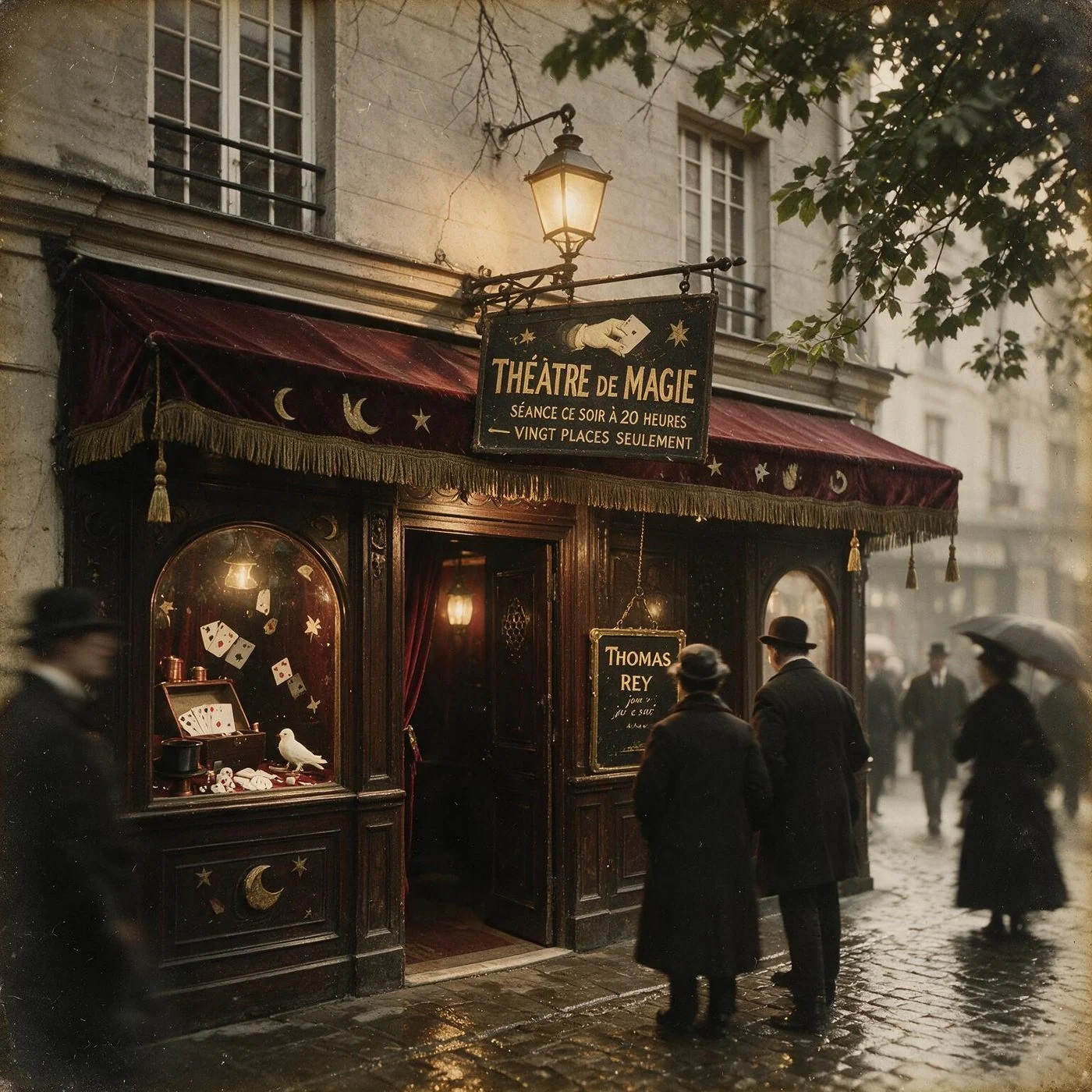 La devanture d'un théâtre de magie parisien, à l'affiche : Thomas Rey, vingt places seulement.