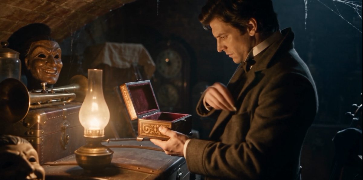 Thomas Rey examine un coffret ancien dans une réserve remplie de masques et de curiosités, à la lumière d'une lampe à pétrole.