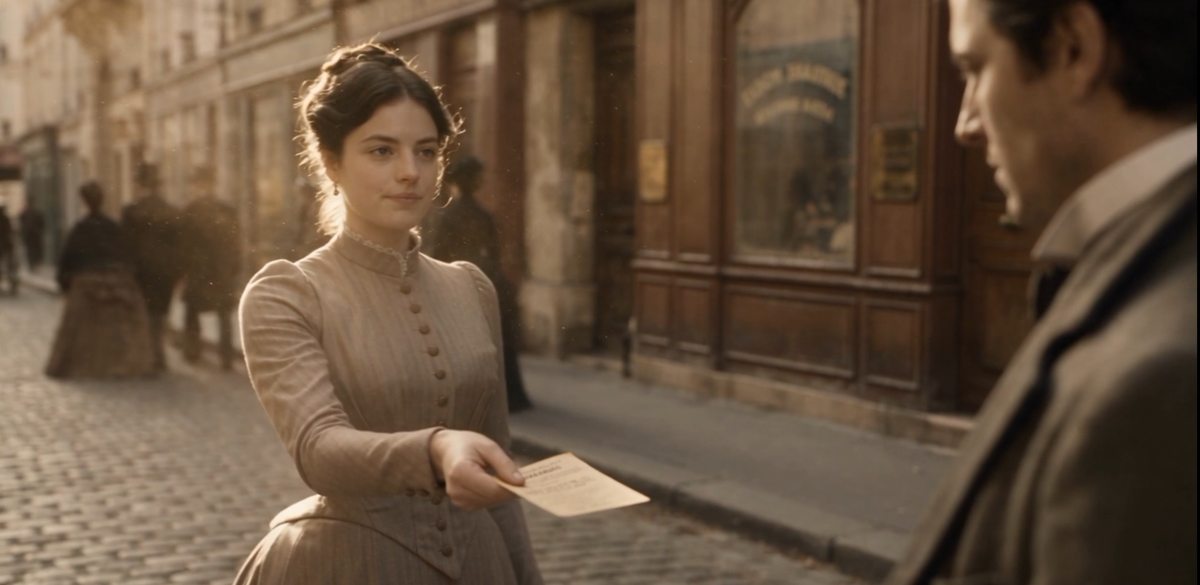 Dans une rue parisienne baignée de lumière dorée, une jeune femme tend un billet pour la séance du soir.
