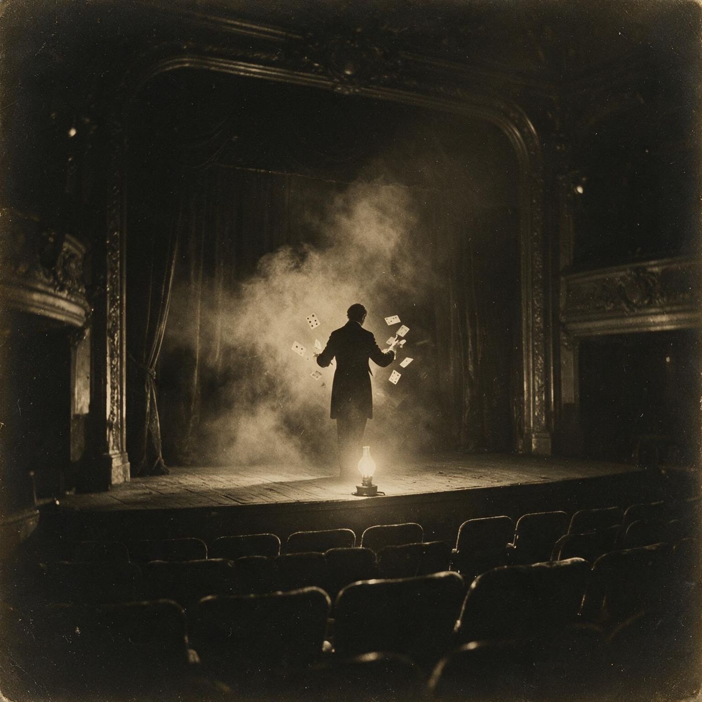 Un illusionniste de dos sur une scène de théâtre, des cartes suspendues en plein vol autour de lui.