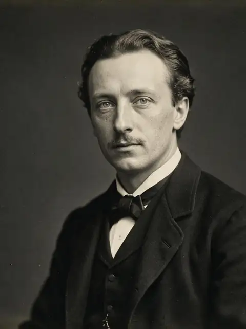 Portrait sépia d'Eugène, homme d'environ trente-cinq ans à la fine moustache, en redingote sombre et nœud lavallière, regard froid.