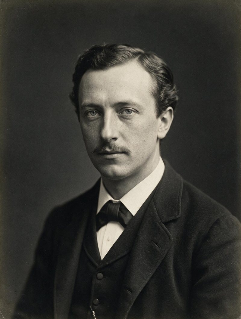 Portrait sépia d'Eugène Jr Houdin, jeune homme à la moustache fine, en costume trois pièces.