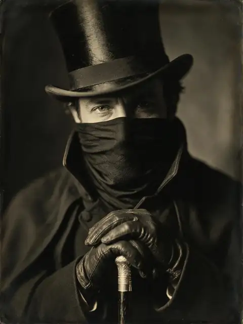 Portrait sépia d'un homme en haut-de-forme, le visage dissimulé sous une étoffe noire, les mains gantées posées sur le pommeau d'une canne.