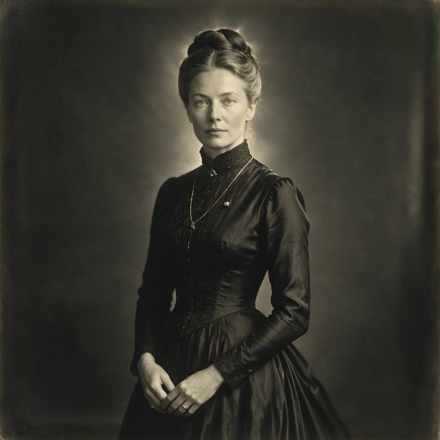 Portrait sépia de Miranda, femme élégante en robe noire victorienne, chignon relevé, regard calme.