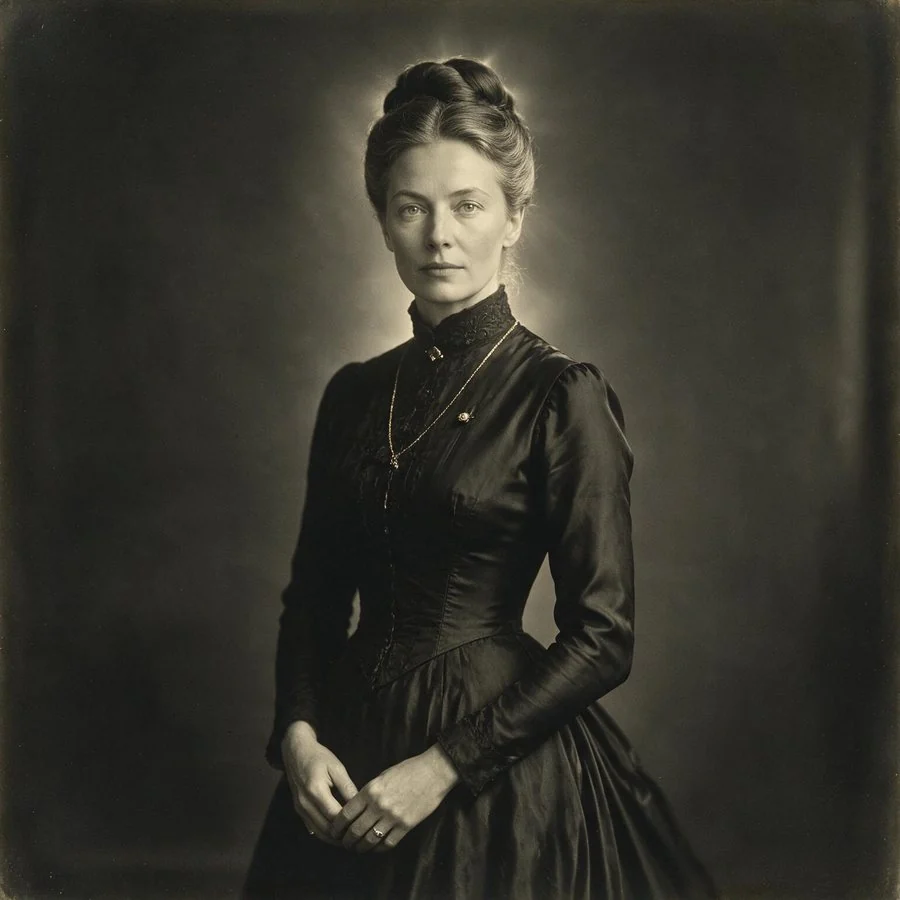 Portrait sépia de Miranda, femme élégante en robe noire victorienne, chignon relevé, regard calme.