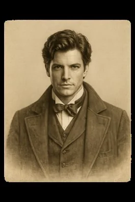 Portrait sépia de Thomas Rey, jeune homme brun au regard vif, en costume trois pièces.